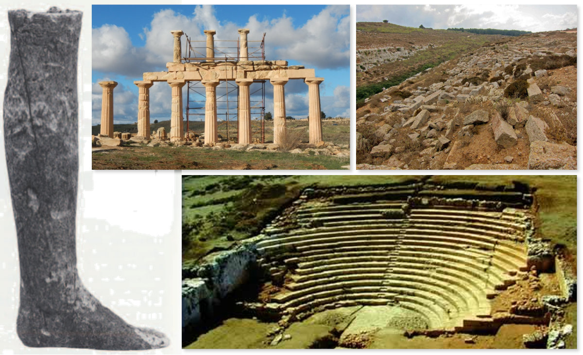 Links oben: Bein einer Elfenbeinpuppe aus dem Heiligtum der Demeter und Kore in Kyrene; oben: der Demeter-Tempel; mittig: die terrassenförmigen Heiligtümer oder Lagerstätten; unten: das Felsentheater.