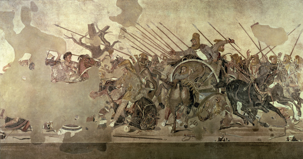 Alexandermosaik aus der Casa del Fauno in Pompei VI, 12,2, Exedra X. Gesamtmosaik 3,13 × 5,82 m, Bild ohne den rahmenden Zahnschnitt 2,71 × 5,12 m. Neapel, Museo Archeologico Nazionale Inv. 10020. Spätes 2. Jh. v. Chr.