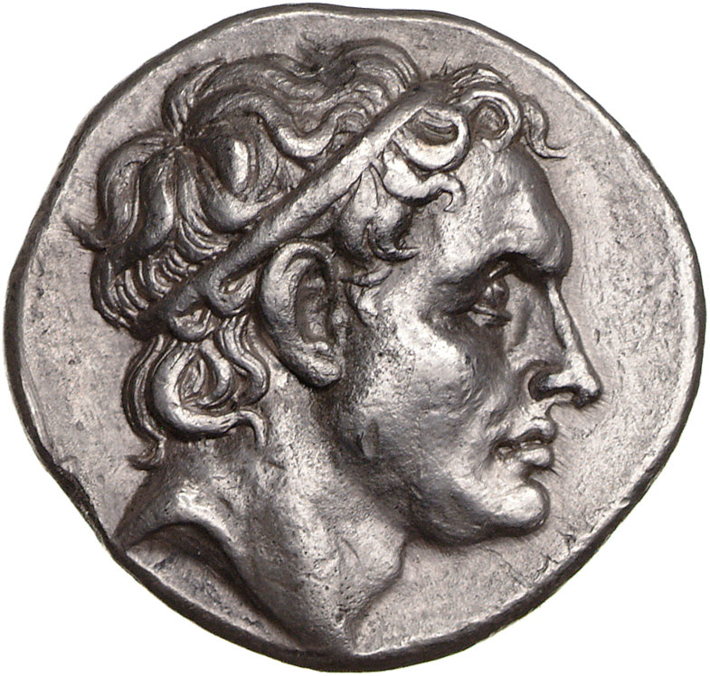 Tetradrachme mit dem Profilbildnis des Seleukos I. Nikator (ca. 355 bis 280 v. Chr. v. Chr.), geprägt im Auftrag des Philhetairos von Pergamon 281/280 v. Chr. Paris, Bibliotéque Nationale, Cabinet des Médailles.