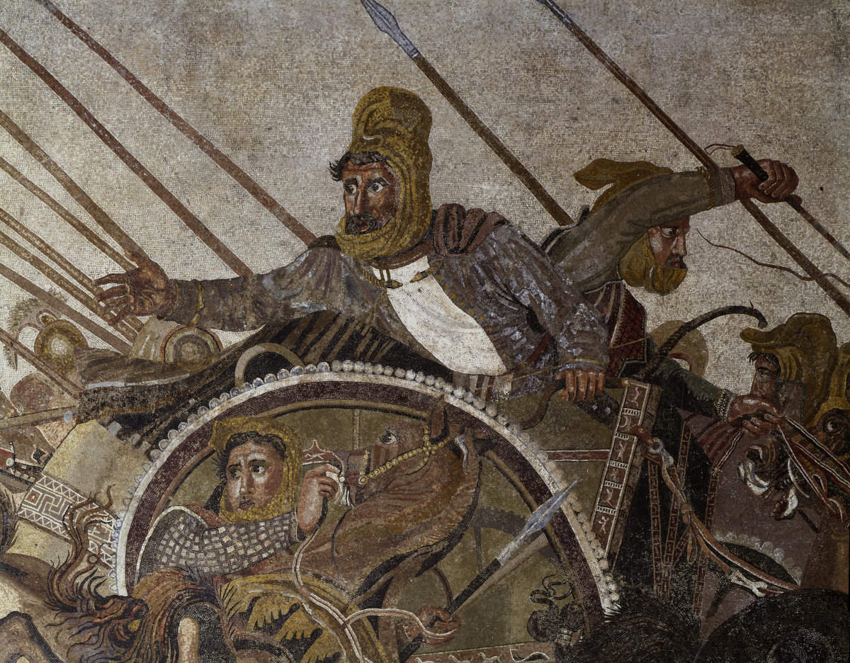 Ausschnitt aus dem Alexandermosaik, Dareios III. und Perser, der ein gesatteltes Pferd bereit hält.