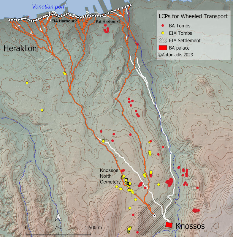Knossos und Heraklion in minoischer Zeit und der frühen Eisenzeit. Die LCPs wurden mithilfe der Herzogschen Kostenfunktion für Radfahrzeuge berechnet.