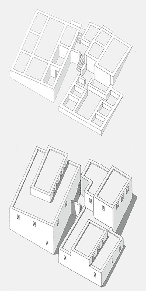 Abb. 5 Die Zeichnung einer Gruppe phönizischer Häuser in Toscanos bei Málaga. Die Wohnungen aus Lehm und Bruchsteinen mit ihren charakteristischen Flachdächern befanden sich auf mehreren Ebenen. Daneben befindet sich eine kleine Skizze des Fundaments, das die Verteilung der Innenräume in dem Gebäudekomplex zeigt.