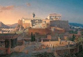 Abb. 2 Leo von Klenzes Gemälde »Ideale Ansicht der Akropolis und des Areopag in Athen« (1846) zeigt seine Vorstellung des Aeropags sowie der Akropolis in Athen. Die beiden Gebäude stehen auf einem Hügel, davor ein großer Platz mit einer Gruppe Menschen.