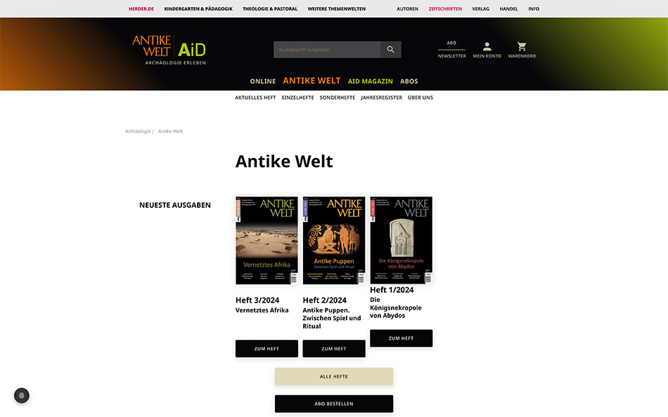 Website Antike Welt: Desktop-Ansicht