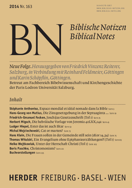 Titelseite: Biblische Notizen. Neue Folge 163 (2014)