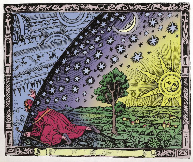 Flammarion-Holzschnitt: Der Pilger schaut von der Erde ins Universum.