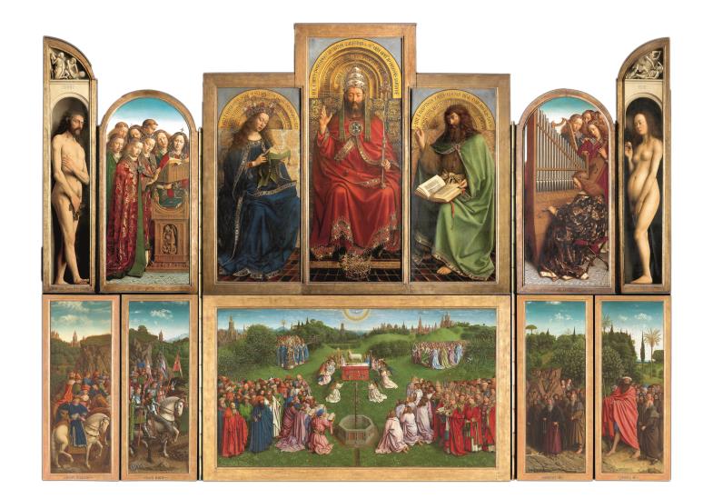 Zwölf Meisterwerke des Jan van Eyck: Die Innenseite des Genter Altars, der nach seiner Restaurierung jetzt wieder am angestammten Ort steht., Das Zentrum der unteren Hälfte zeigt unzählige Heilige, die vor dem Thron und dem Lamm versammelt sind. Von links ziehen gerechte Richter und Reiter, 		        von rechts heilige Einsiedler, Jungfrauen und Pilger zur Mitte hin, angeführt vom Riesen Christophorus.