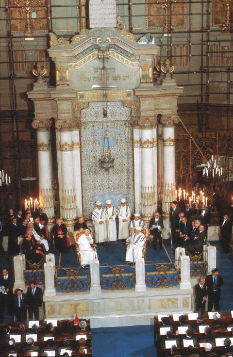 Synagoge von Rom, 1986: Großrabbiner Toaff empfängt Johannes Paul II.