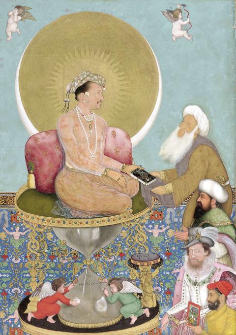 Der Mogulherrscher trägt einen Heiligenschein, um sein Haupt flattern Putten. Vor Akbar wären solche Motive in der islamischen Kunst undenkbar gewesen.