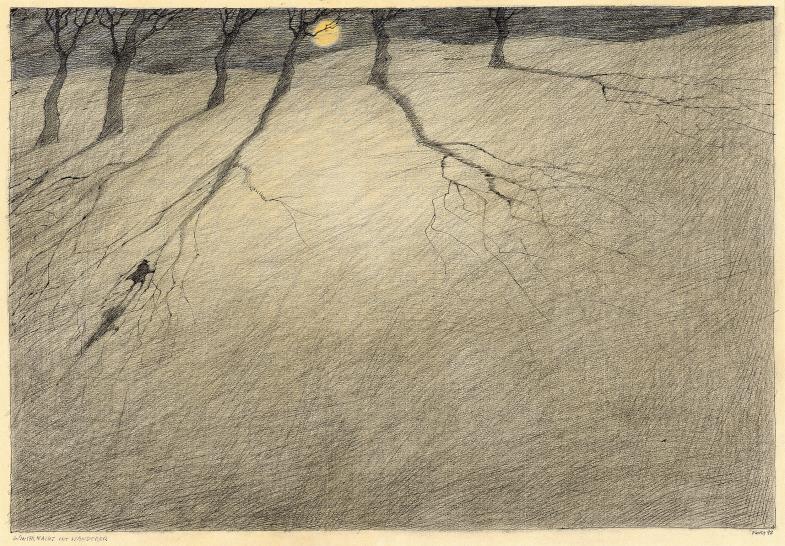 Paul Flora, Winternacht mit Wanderer (1992; Federzeichnung, Farbstift)