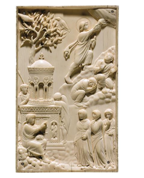 Auferweckung und Himmelfahrt auf der sog. Reiderschen Tafel (Elfenbein, 18,7 x 11,5 cm, Italien, um 400)