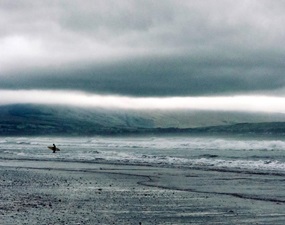 Einsamer Strand, aufgewühltes Meer und wolkiger Himmel mit schmalem Lichtstreifen, am Rand ein einzelner Wasservogel