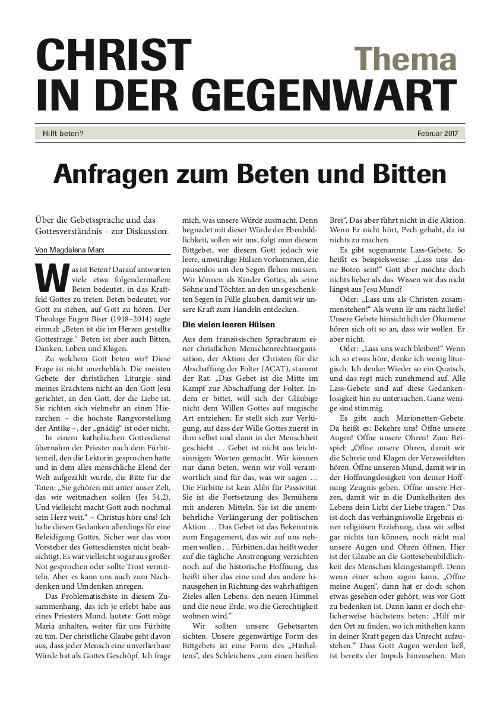 CHRIST IN DER GEGENWART Thema: Hilft beten?