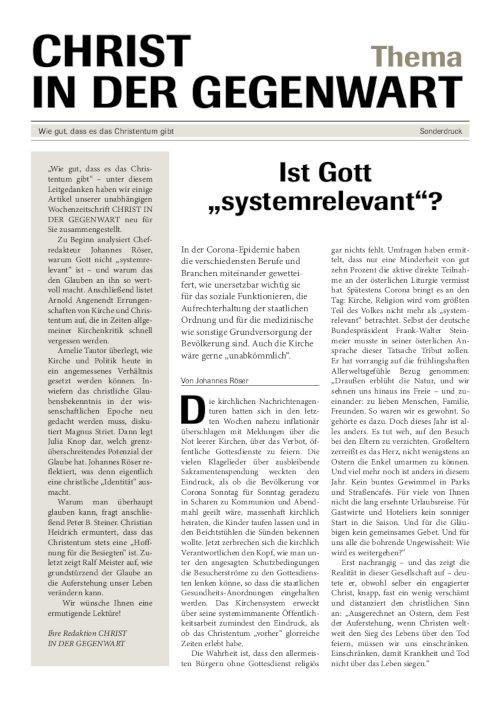 CHRIST IN DER GEGENWART Thema: Wie gut, dass es das Christentum gibt