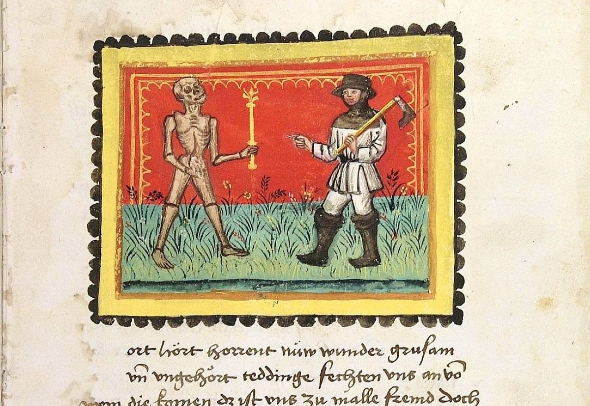 Ausschnitt aus dem Codex Palatinus germanicus 76, Blatt 3r - Johannes von Tepl: Der Ackermann aus Böhmen - Der Tod fordert Namen und Begründung der Anklage