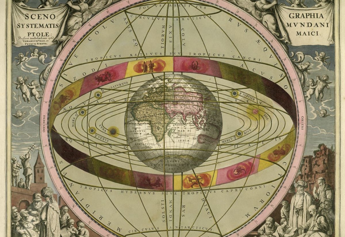 Alles dreht sich um die Bewohner der Erde. Geozentrisches Weltbild des Ptolomäus nach dem Himmelsatlas Harmonica Macrocosmica von Andreas Cellarius (1660). 