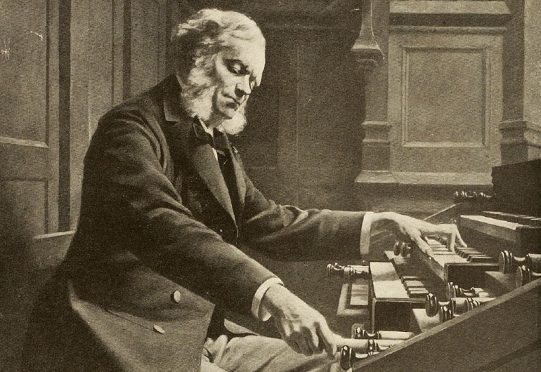 Foto von Jeanne Rongiers Gemälde "César Franck am Spieltisch der Orgel in der Basilika St. Clotilde" (Ausschnitt), Paris, 1888