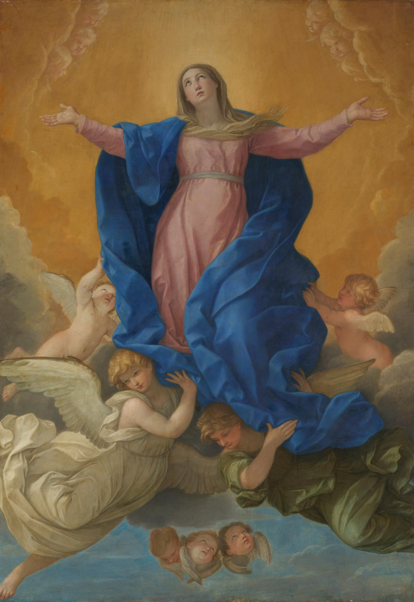 Ein Gemälde von Guido Reni. Es zeigt wie Maria von Engeln in den Himmel emporgehoben wird. 