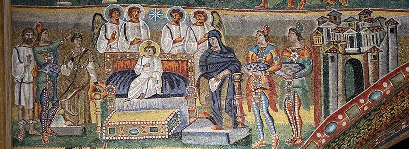 Anbetung der Magier (vollständige Darstellung), 5. Jahrhundert, Triumphbogen in Santa Maria Maggiore, Rom