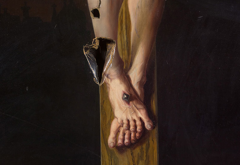 Bild einer von der Hitlerjugend im Oktober 1938 zerstochenen Kreuzesdarstellung im Wiener Erzbischöflichen Palais