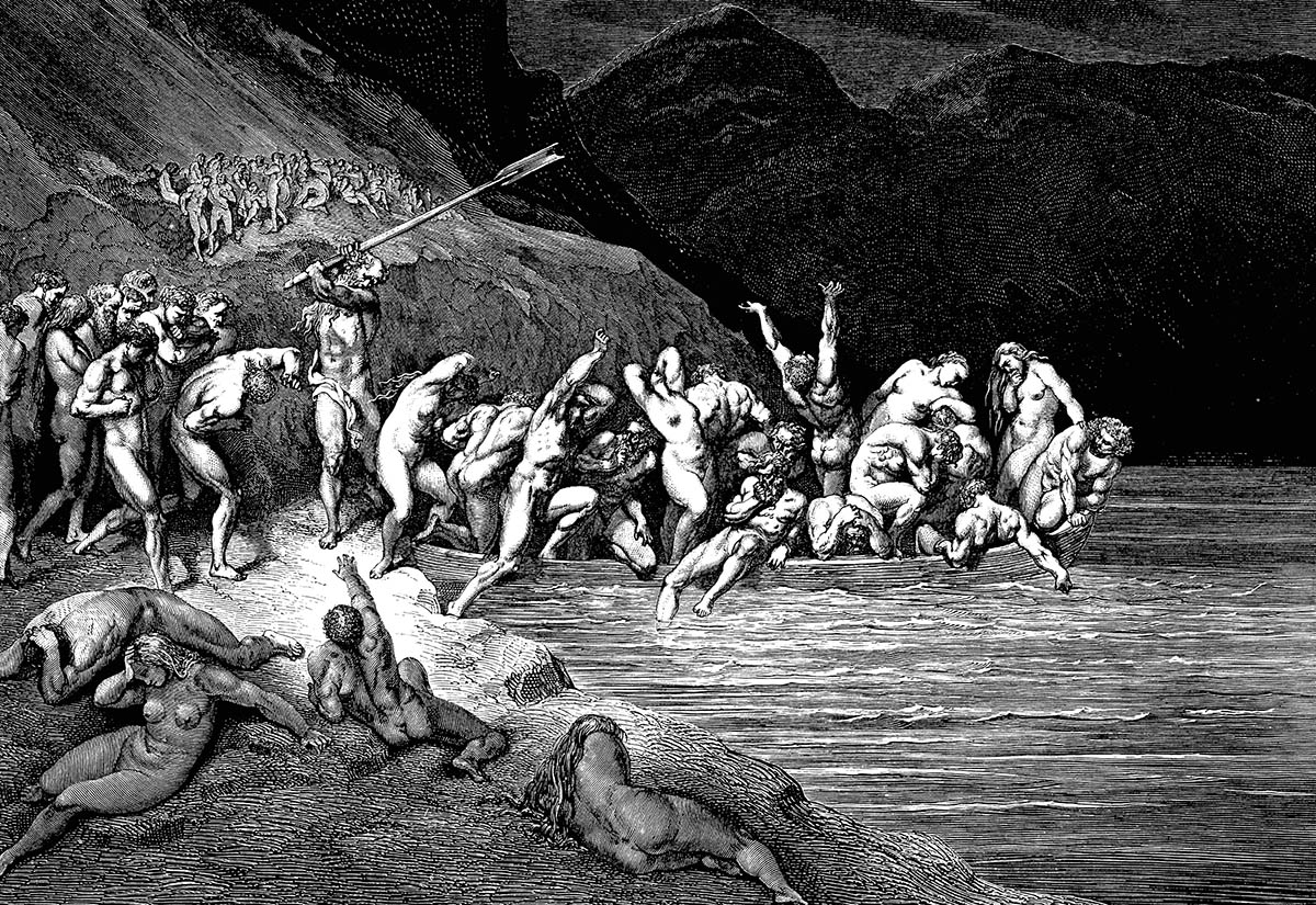 Gustave Doré (1832–1883): Charon treibt die Sünder auf sein Boot (Inferno, Canto III)