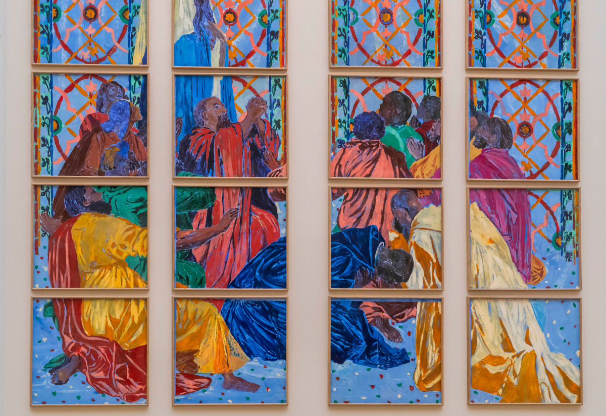 Entwurf eines Glasfensters von Claire Tabouret. Die Jünger Jesu knien andächtig. Maria steht in ihrer Mitte und hält ihre Hände an ihre Herz