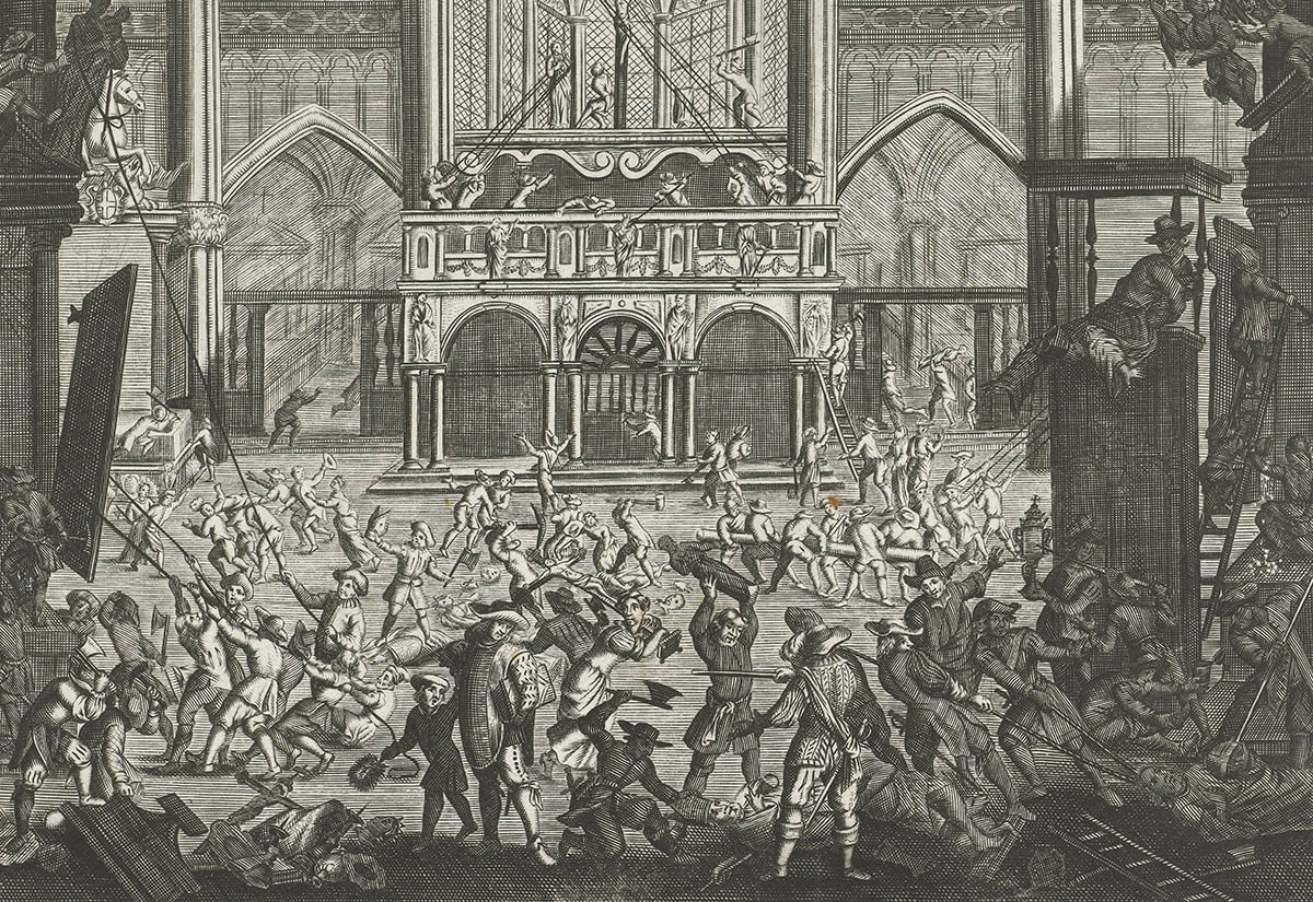 Bildersturm in der Kathedrale von Antwerpen 1566, anonymer Druck, Rijksmuseum Amsterdam