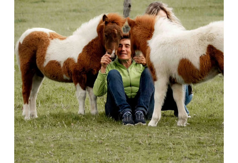 Eine Frau mit zwei Ponys auf einer Wiese.
