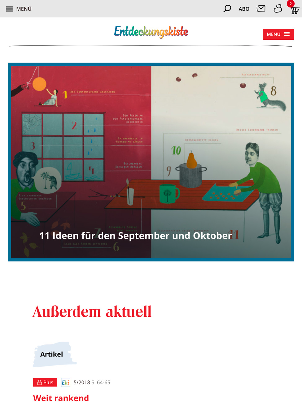 Website Ausschnitt von der Entdeckungskiste