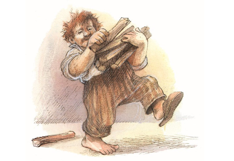 Illustration mit einem Mann mit Holz in der Hand
