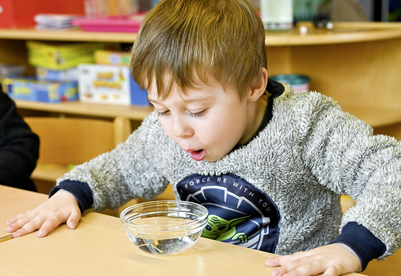Kind schaut in eine Schüssel mit Wasser