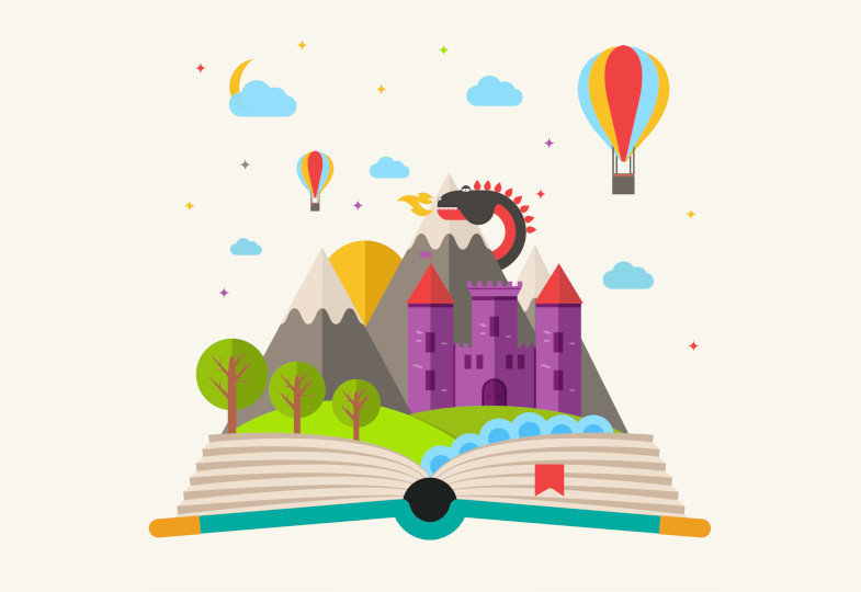 Illustration von einem geöffneten Buch, auf dem ein Schloss, Bäume, Berge, Wolken, die Sonne und Heißluftballons abgebildet sind