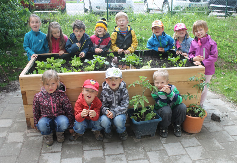 Schatzkiste: Im Hochbeet sind u. a. schon Salat und Zwiebeln zu sehen. Tomaten haben die Kinder in Kübeln gepflanzt