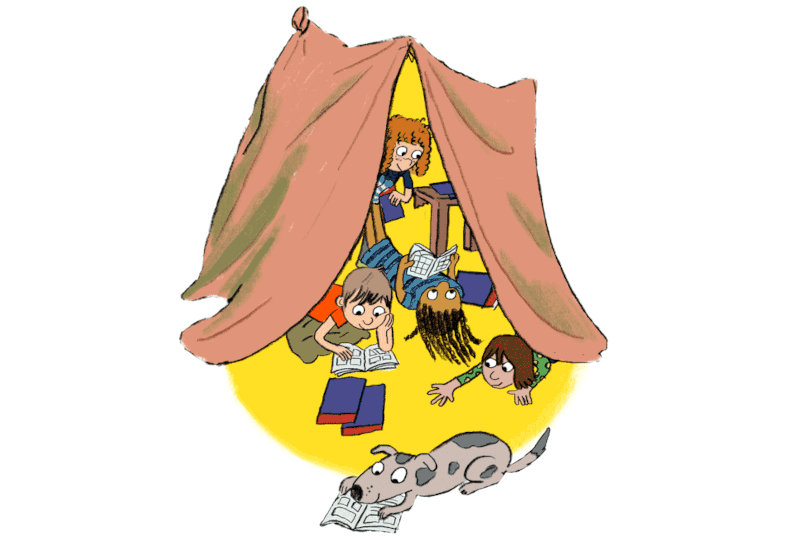 Zeichnung von Kindern in einer Höhle aus Decken mit einem Hund.