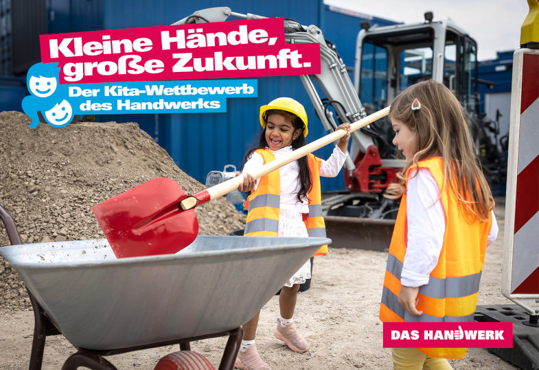 Logo von Das Handwerk mit zwei Mädchen, die mit einer Schaufel eine Schubkarre befüllen.