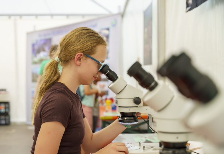 Ein Mädchen schaut durch ein Mikroskop.