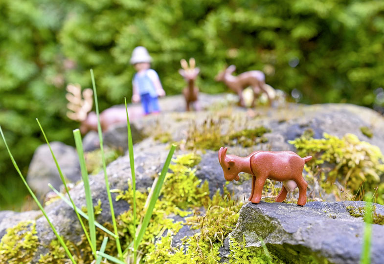 Kleine Figuren sind in der Natur aufgestellt