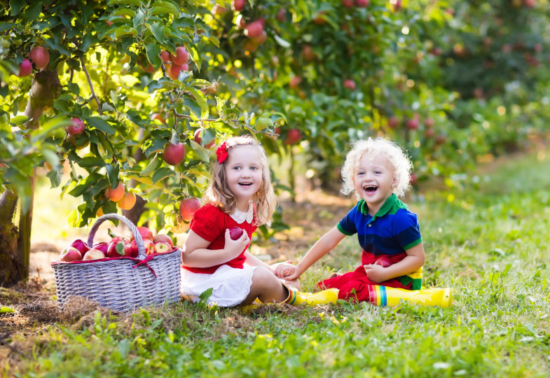 Zwei Kinder sitzen im Obstgarten