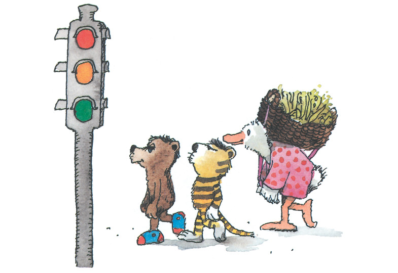 Zeichnung von Tiger, Bär und einer Ente an einer Ampel.