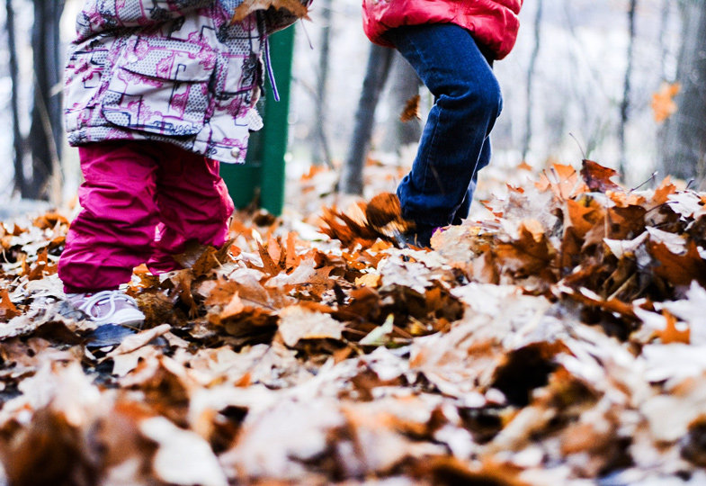 Kinder laufen im Herbstlaub