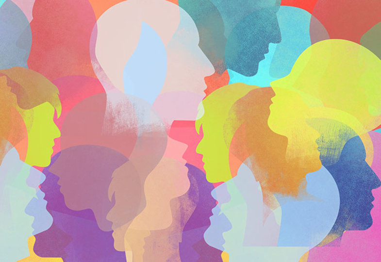 Bunte, übereinandergelegte Silhouetten von Köpfen.