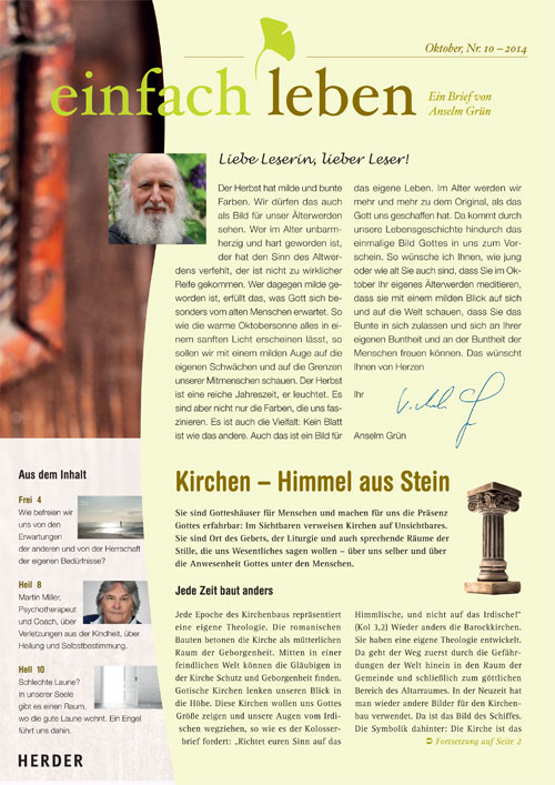 einfach leben – Ein Brief von Anselm Grün, Oktober, Nr. 10 – 2014