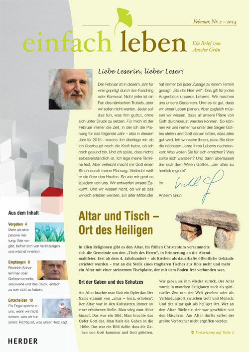 einfach leben – Ein Brief von Anselm Grün, Februar, Nr. 2 – 2014