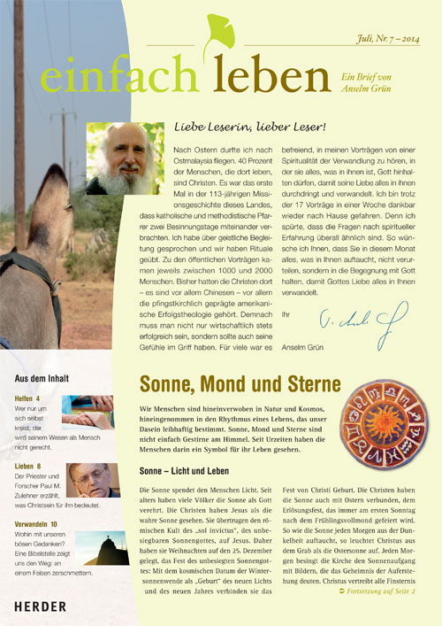 einfach leben – Ein Brief von Anselm Grün, Juli, Nr. 7 – 2014