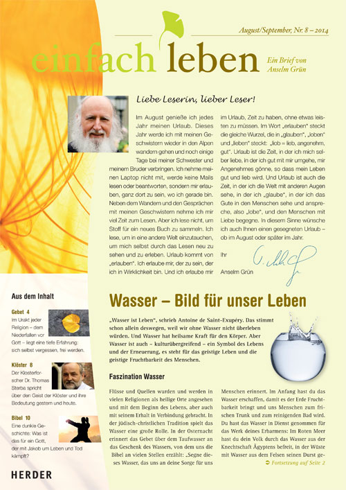einfach leben – Ein Brief von Anselm Grün, August/September, Nr. 8 – 2014