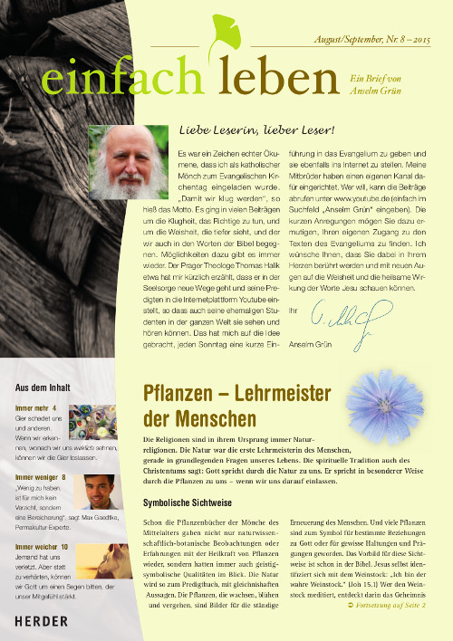 einfach leben – Ein Brief von Anselm Grün, August/September, Nr. 8 – 2015