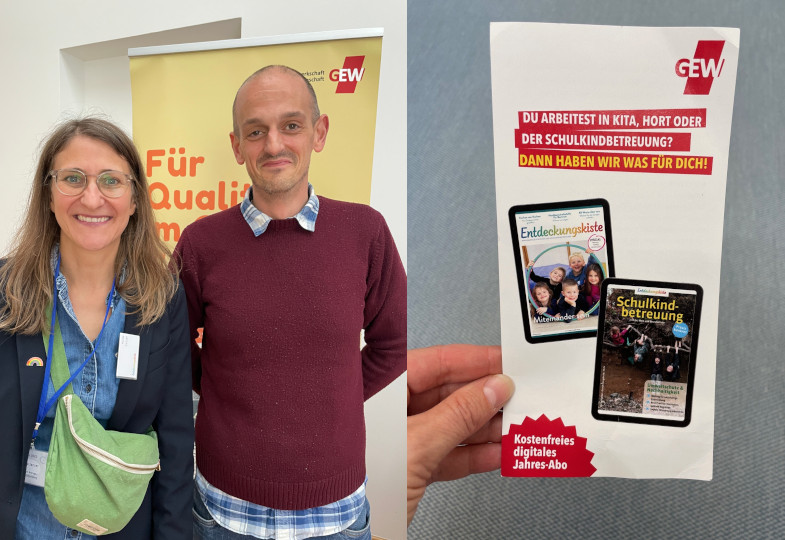 Eine Frau und ein Mann vor dem GEW-Logo.