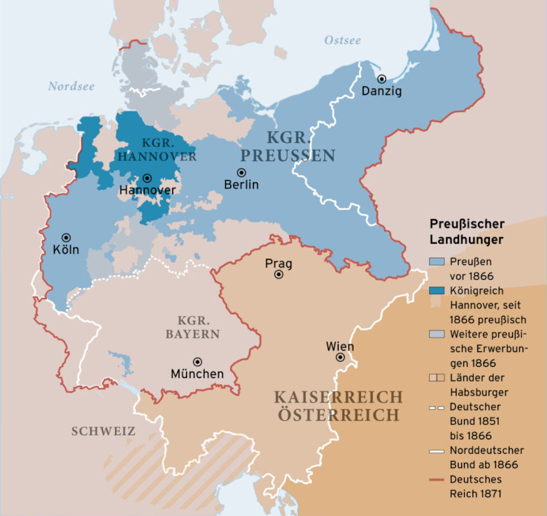 Landkarte, die das preußische Gebiet im 19. Jahrhundert zeigt