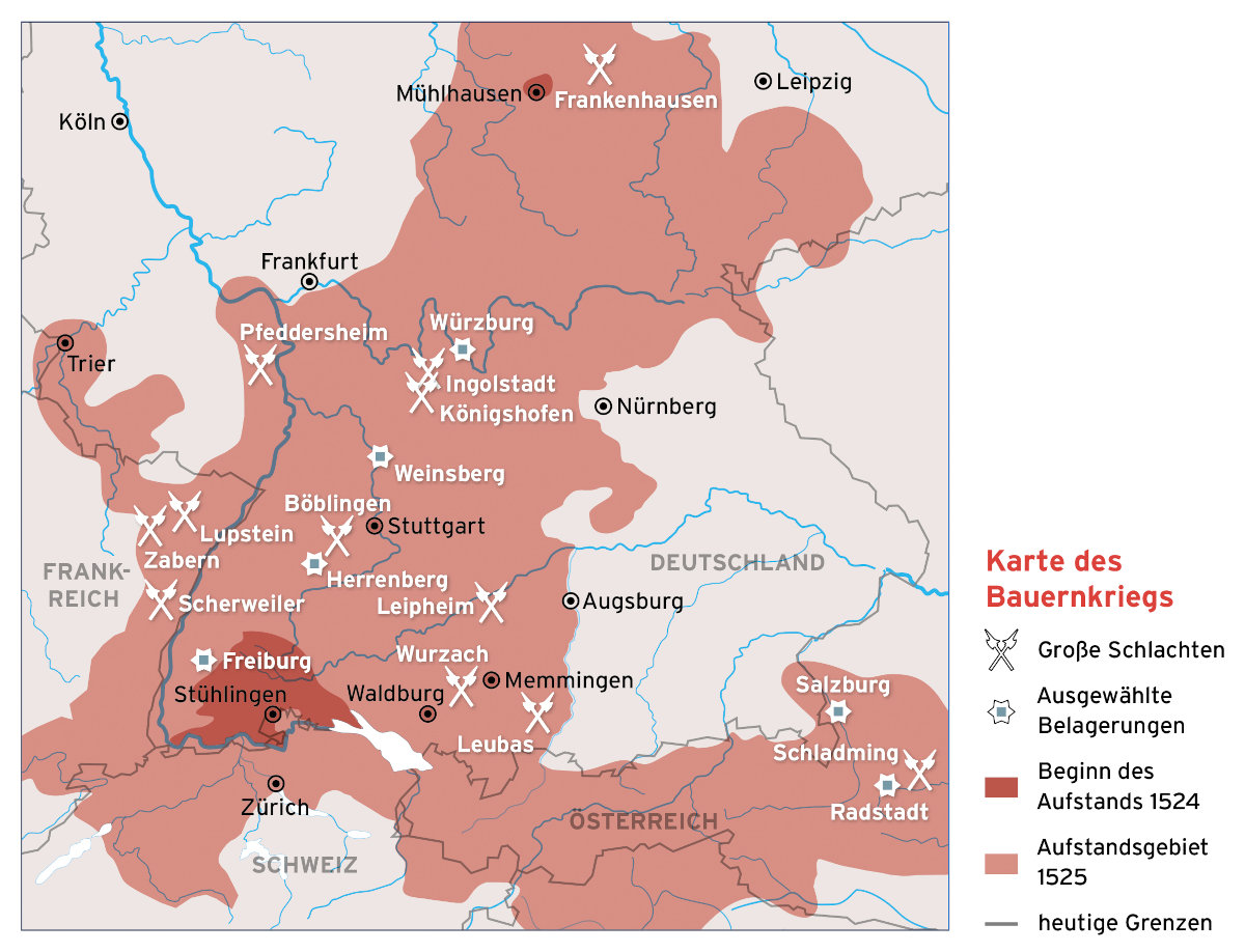 Landkarte zum Bauernkrieg mit Markierungen zu großen Schlachten