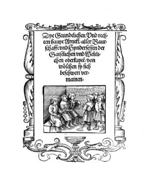 Schwarz-weißes Titelblatt der Zwölf Artikel von 1525